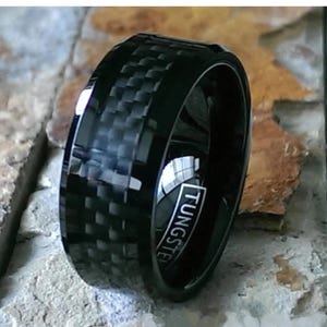 Black Carbon Fiber Tungsten Wedding Band: 6mm & 8mm Couple Rings