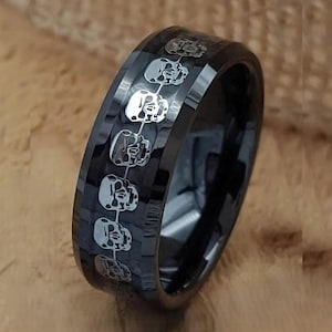Black Tungsten Biker Ring: Skull Wedding Band, Comfort Fit