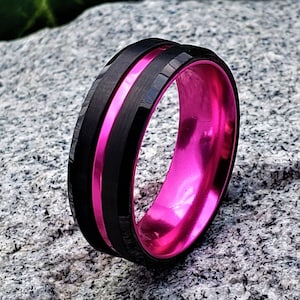 Hot Pink Tungsten Wedding Band, Tungsten Ring, Pink Tungsten Band, Black Pink Tungsten Ring, Couples Rings