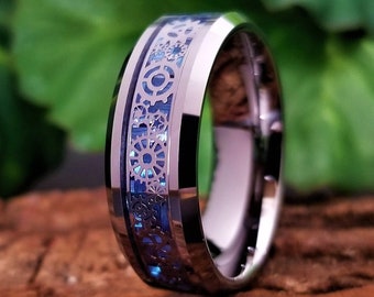 Unique Men's Tungsten Wedding Band, Tungsten Ring Silver, Blue Carbon Fiber Steampunk Clockwork Ring, Personalized Engraving