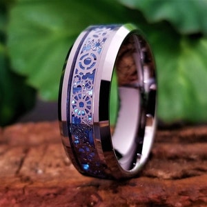 Unique Men's Tungsten Wedding Band, Tungsten Ring Silver, Blue Carbon Fiber Steampunk Clockwork Ring, Personalized Engraving