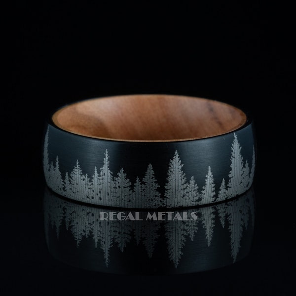 Black Satin Finish Tungsten Ring with Forest Scenery Etched Design | Olive Wood Inner Band | Couples Rings | Hunters Band - Regal Metals