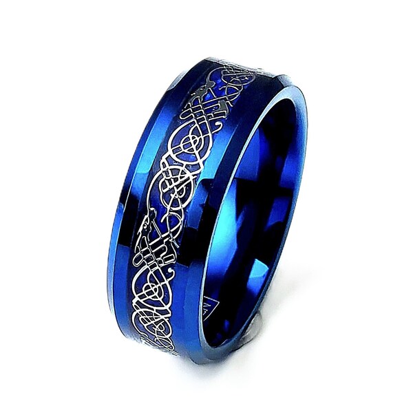 Celtic Dragon Tungsten Ring, Blue Wedding Band, Mens Tungsten Wedding Band, Personalized Ring