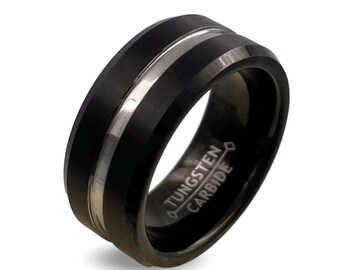 Modern Tungsten Wedding Ring with a Silver Stripe Center and Black Brushed Finish - Regal Metals