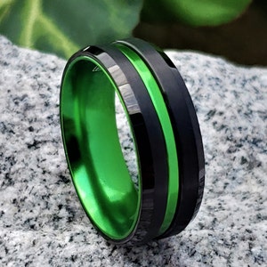 Green Tungsten Wedding Band, Tungsten Ring, Green Tungsten Band, Black Green Tungsten Ring