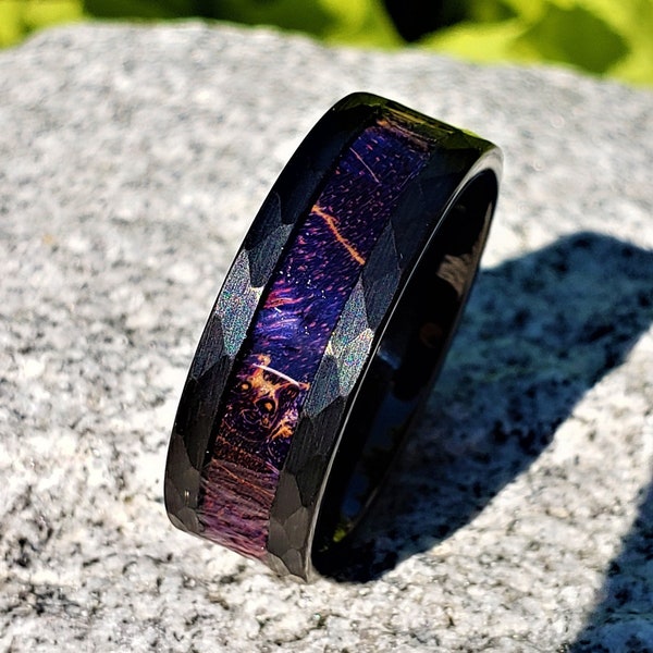 Black Tungsten Ring, Men's Tungsten Wedding Band, Hammered  Finish w/ Purple Red Blue Box Elder Wood Inlay, Personalized Engraving