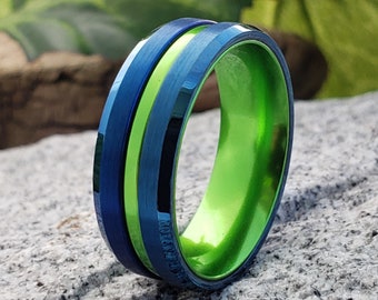 Unique Tungsten Ring, Seahawks, Tungsten Wedding Band, Tungsten Ring, Lime Green Center & Outer Stripe