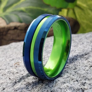 Unique Tungsten Ring, Seahawks, Tungsten Wedding Band, Tungsten Ring, Lime Green Center & Outer Stripe