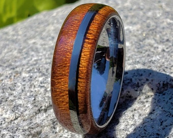 Hawaiian Koa Wood Tungsten Wedding Band, Mens Tungsten Wedding Ring, Mens Wood Ring, Hunters Ring, Outdoorsman Tungsten Ring, Free Engraving