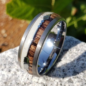 Brushed Tungsten Deer Antler Ring: Koa Wood Arrow Wedding Band