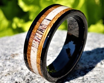 Couples Rings, Whiskey Barrel Deer Antler Black Ring, Whiskey Barrel Wedding Band, Antler Tungsten Ring, Black Tungsten Ring -
