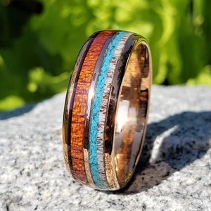 Unique Tungsten Wedding Band, Tungsten Rose Gold, Koa Wood, Deer Antler, Turquoise, Hunters Ring