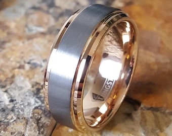 Polished Rose Gold Tungsten Ring with a Raised Satin Silver Finish & Stepped Edge accent | Couples Ring | His and Hers Wedding Bands