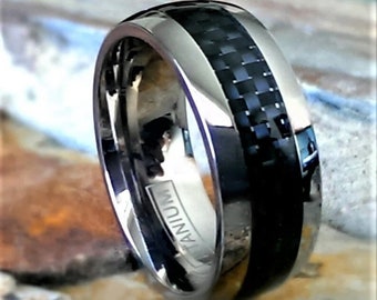 Modern Wedding Band, Titanium Ring, Mens Ring, Black Carbon Fiber Inlay Ring, Matching Wedding Bands, Custom Engraving
