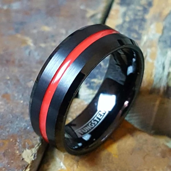 Tungsten Wedding Band, Mens Wedding Ring, Tungsten Ring, Thin Red Line, Firefighter, Mans Black Tungsten Ring, Personalized Engraving