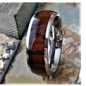 Titanium Wood Wedding Band, 8mm, Rosewood Inlay, His & Hers Wedding Bands, Natural Wood Ring Men Women, Mens Wedding Band, Anniversary Gift