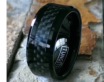 Mens Wedding Band, Black Ring, 8mm Tungsten Ring, Women Wedding Ring, Black Carbon Fiber, Personalized Ring