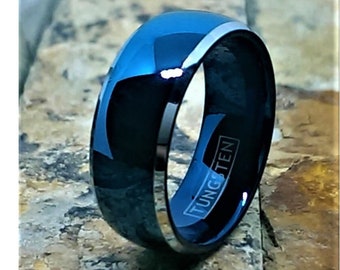 Blue Tungsten Ring Wedding Band Mens 6mm / 8mm High Gloss Domed PI Blue Plated Ring Womens Jewelry Promise Ring Free Engraving His and Hers