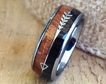 Meteorite & Koa Wood Wedding Band | Wooden Couples Dome Rings 6mm 8mm | Redwood Arrow Rings | Unique Promise Ring for couples