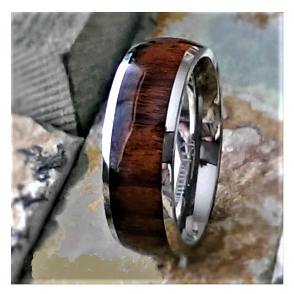 Titanium Wood Wedding Band, 8mm, Rosewood Inlay, His & Hers Wedding Bands, Natural Wood Ring Men Women, Mens Wedding Band, Anniversary Gift