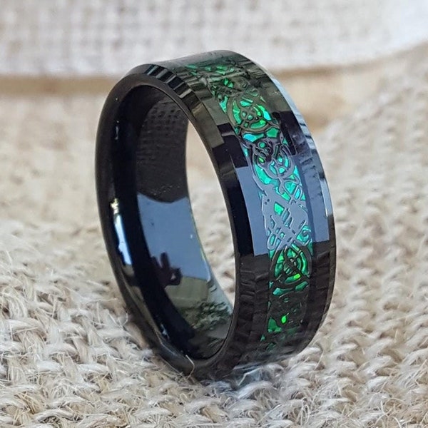 Tungsten Ring, Mens Tungsten Wedding Band, Green Wedding Band, Black Tungsten Ring Mens, Celtic Dragon Ring, Personalized Ring