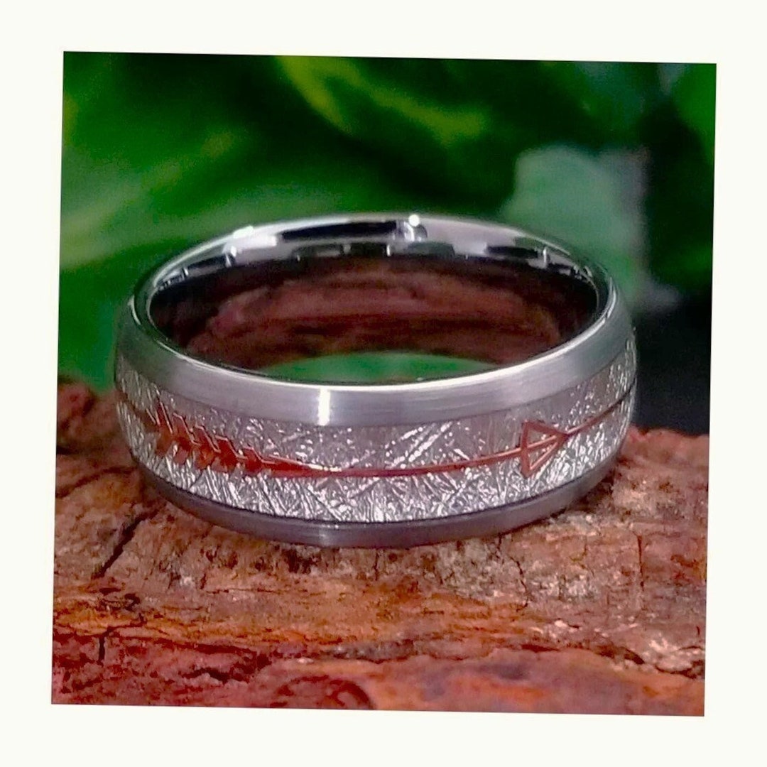 Meteorite Tungsten Wedding Band: Rose Gold Arrow Inlay, Engraved - Etsy