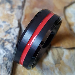 Thin Red Line Tungsten Wedding Band | Tungsten Firefighter Black Ring with Red Stripe Center | Tungsten Ring | Couples Rings | Regal Metals