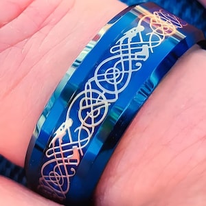 Celtic Dragon Tungsten Ring: Blue Mens Wedding Band, Personalized
