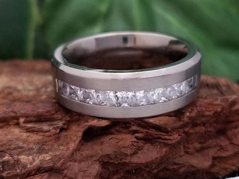 Mens Titanium Ring Emerald Cut Cubic Zirconia CZ Eternity Etsy