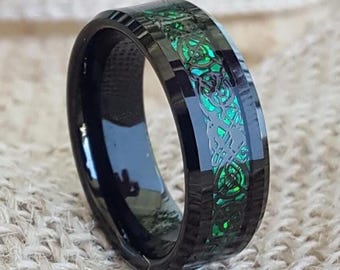 Celtic Dragon Tungsten Ring: Green & Black Mens Wedding Band