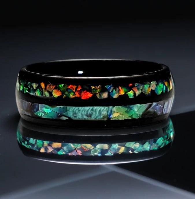 Tungsten Wedding Band Set: Black Opal, Abalone Inlay, 6mm & 8mm