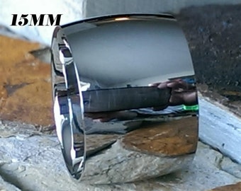 Mens 15mm Wide Stainless Steel Wedding Band: Dome Ring, Personalized Engraving