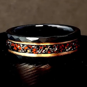 Dinosaur Bone Meteorite Tungsten Ring: Brushed Black Faceted Wedding Band