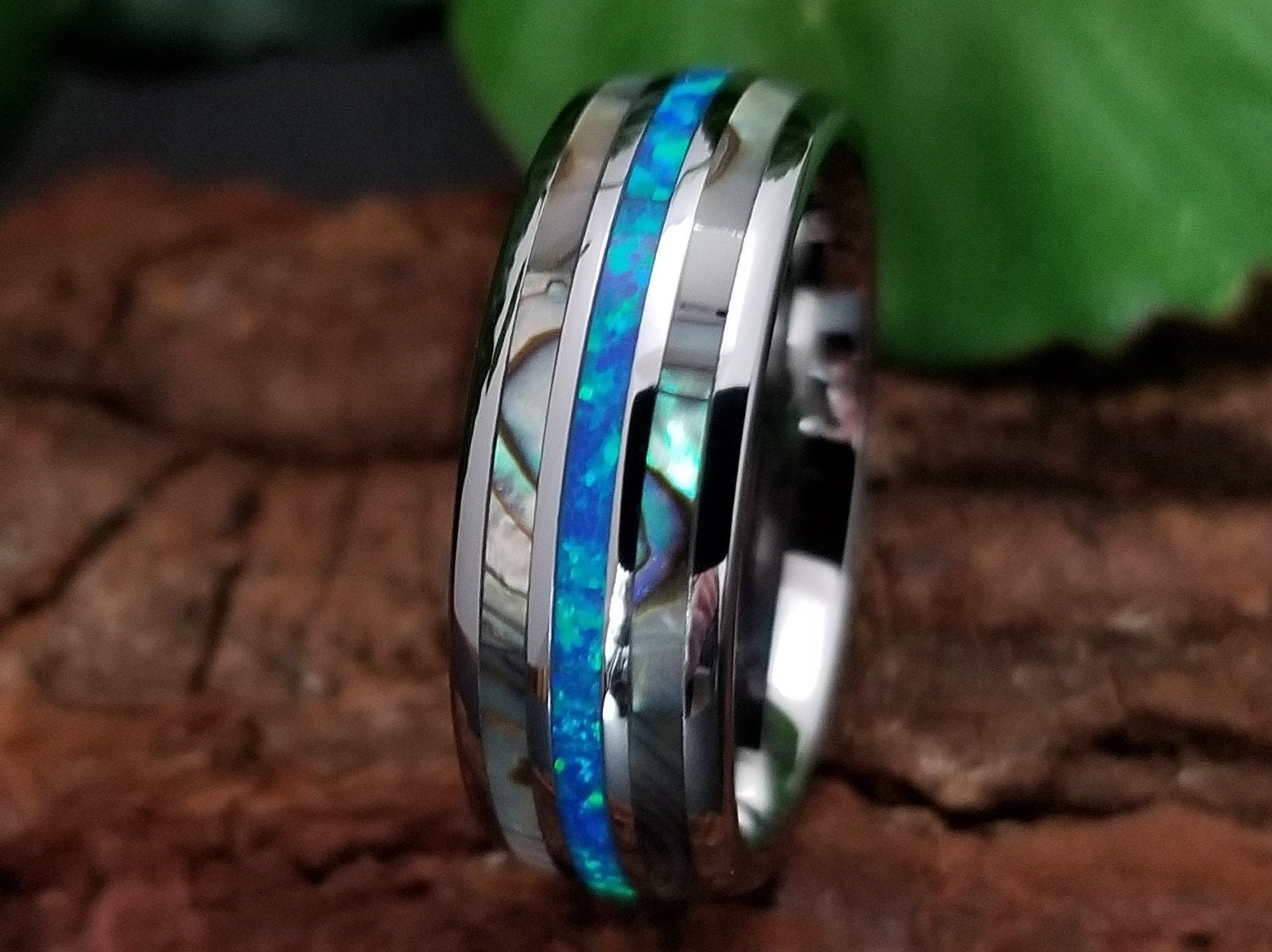 Tommyway Jewelry Personalized Tungsten Wedding Band – Abalone & Hawaiian Opal Inlay – 8mm