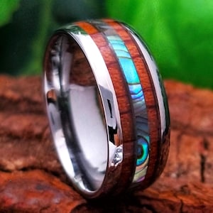 Tungsten Koa Wood Ring: Abalone Inlay, Comfort Fit, Engraving Available