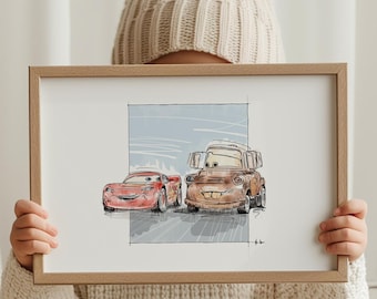 Lámina de Lightning Mater – Arte infantil en acuarela con coche de carreras y grúa (+ descarga digital)