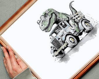 Fiesta de camiones T-Rex: Impresión artística de acuarela de dinosaurios