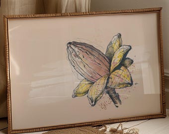 Acuarela botánica para la meditación: pintura mural de flor sagrada de cacao