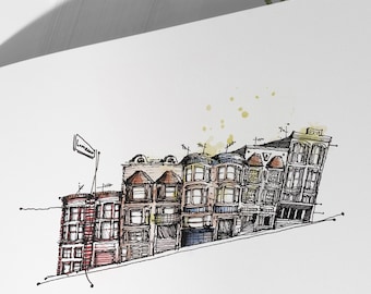 Fiesta en casa de San Francisco: Impresión arquitectónica en acuarela de San Francisco por Lemoine
