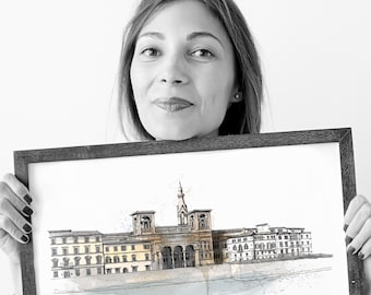 Lámina artística de la Biblioteca de Florencia: Ilustración de arquitectura italiana dibujada a mano