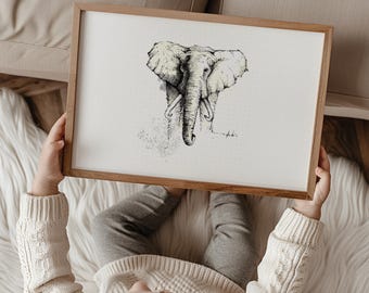 Recuerdo de Elefante – Impresión artística de elefante en acuarela, dibujo de animales con pluma y tinta