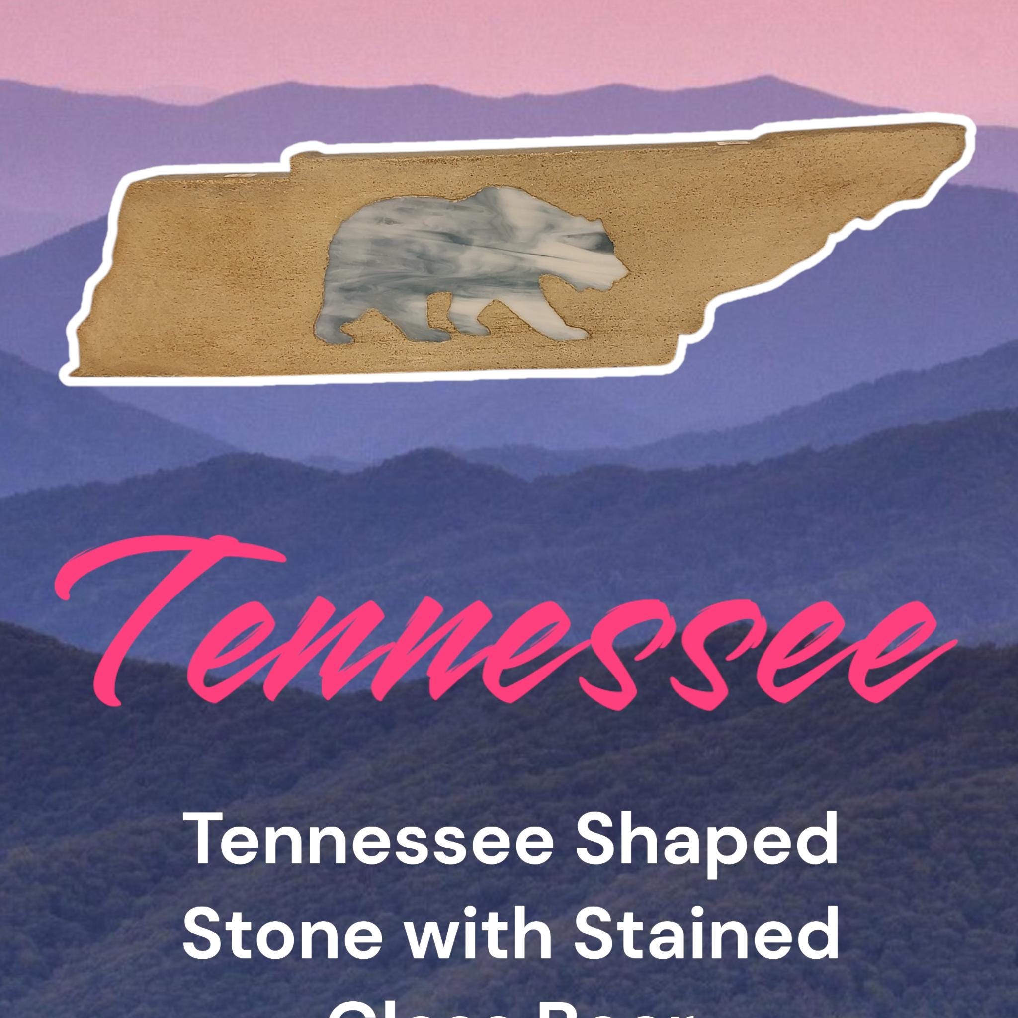 Handcrafted Tennessee-Shaped Cement Stone with Stained Glass Bear Design