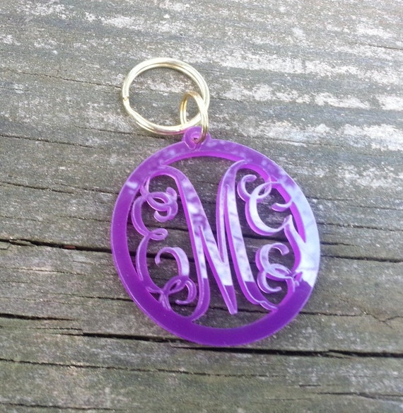 Personalized Monogram Keychain, 2 Inch Acrylic or Wood Initial Key Ring, Circle or Vine Font