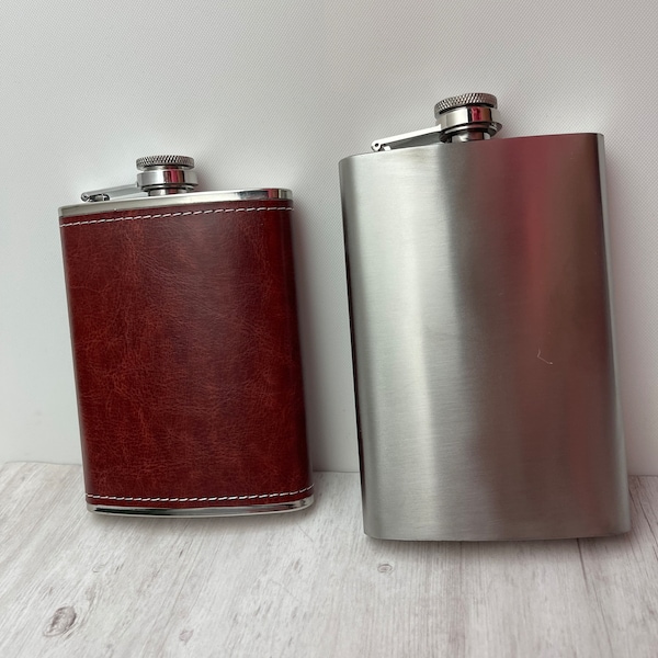 Blank Leather OR Stainless Flask, Liquor Flask, 8 oz Flask