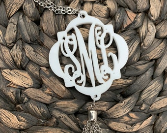 Quatrefoil Tassel Monogram Acrylic Necklace with Vine or Circle Font