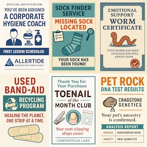 May include: A collection of humorous novelty certificates and announcements. Includes a "Corporate Hygiene Coach" notification, a "Missing Sock Located" service, an "Emotional Support Worm Certificate," a "Used Band-Aid Recycling Program," a "Toenail of the Month Club" announcement, and a "Pet Rock DNA Test Results."