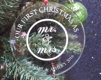 First Christmas as Mr. & Mrs. Personalized Christmas Ornament.  Great Wedding Gift!