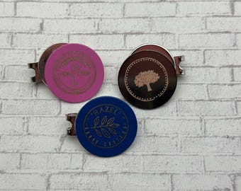 Logo Magnetic Pink, Blue or Black Metal Golf Ball Marker w/ Hat Clip, Engraved Personalized Ball Marker