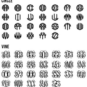 May include: A chart showing two different styles of monogram fonts, "Circle" and "Vine". Each font style shows the letters A through Z in uppercase.