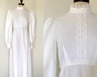 Maxi Dress Vintage 1970s White Polyester Mock Neck Puffy Sleeves